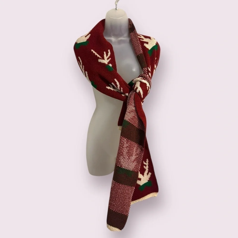 Holiday Knit Scarf Red Reindeer Pattern Winter Wrap OS